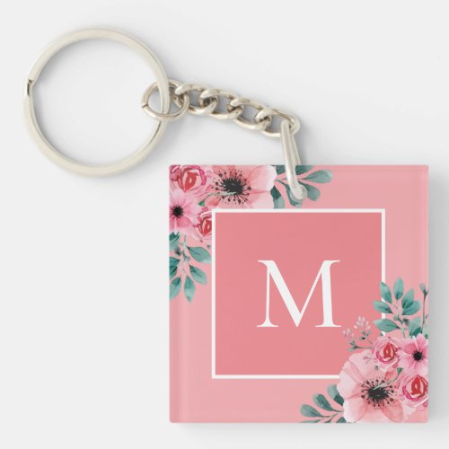 Pink  Floral Photo Monogram Key Ring