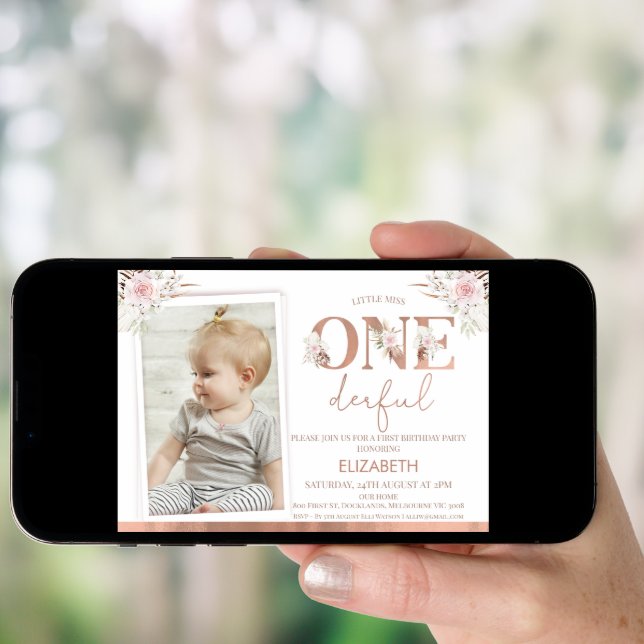 Pink Floral Photo Onederful 1st Birthday  Invitation (Front Digital)
