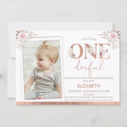 Pink Floral Photo Onederful 1st Birthday  Invitation