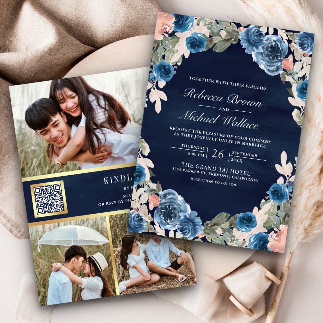 Pink Floral Photo QR Code Dark Blue Wedding Invitation (Creator Uploaded)