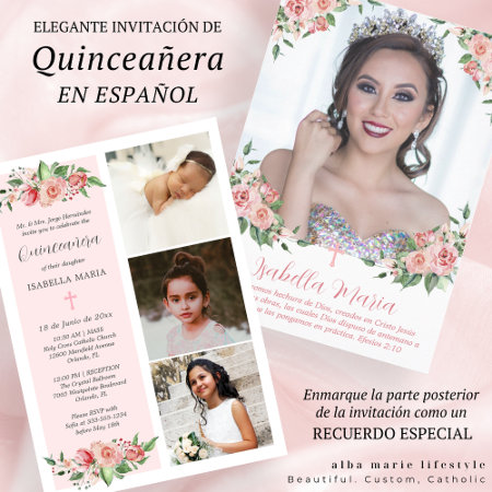 Pink Floral Photo Quinceañera Invitation Spanish