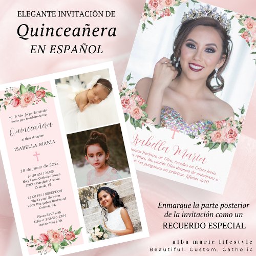 Pink Floral Photo Quinceaera Invitation Spanish