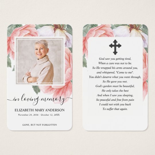 Pink Floral Photo Sympathy Funeral Prayer Card | Zazzle