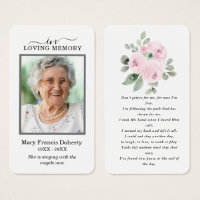 Pink Floral Photo Sympathy Funeral Prayer Card