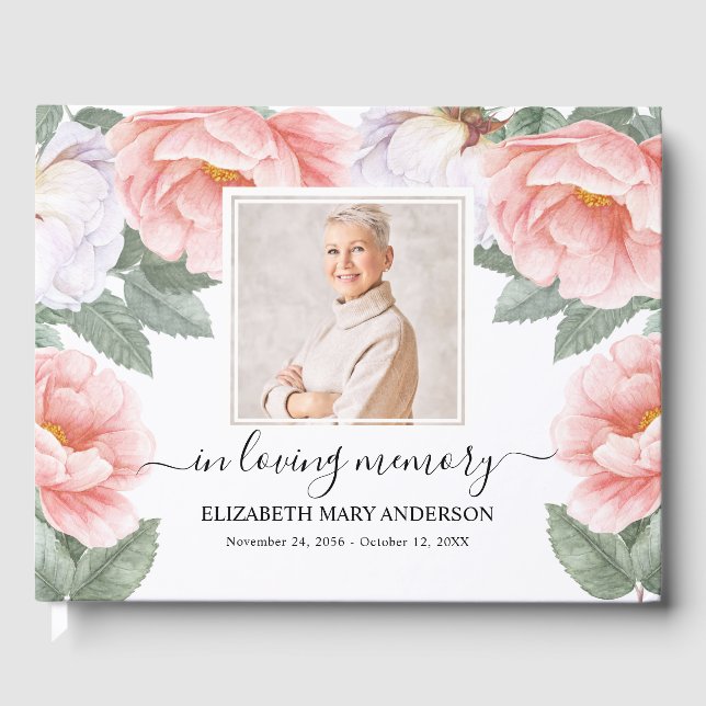 Pink Floral Photo Sympathy Funeral Watercolor Guest Book (Front)