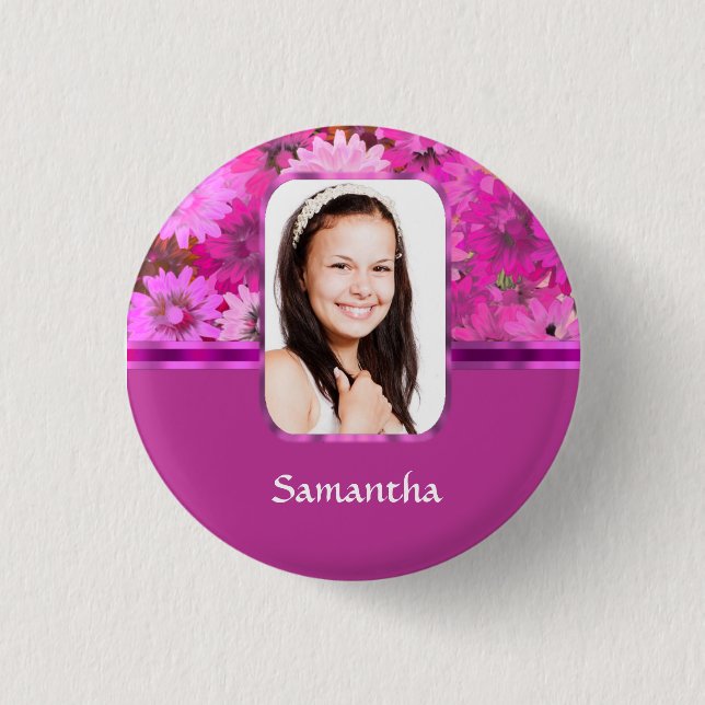Pink floral photo template pinback button (Front)