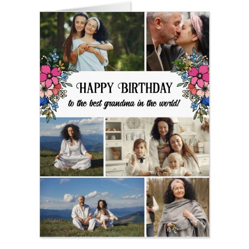 Pink Floral Photos Happy Birthday Grandma Big Card