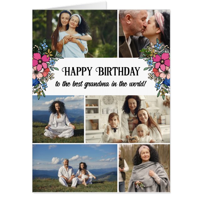 Pink Floral Photos Happy Birthday Grandma Big Card (Front)