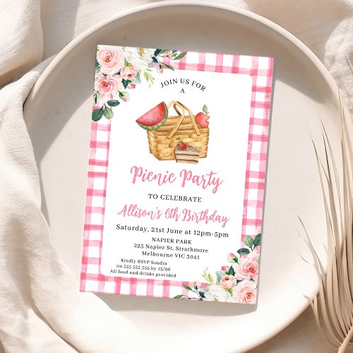 Pink Floral Picnic Basket Picnic Birthday Invitation