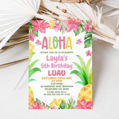 Pink Floral Pineapple Aloha Luau Birthday  Invitation