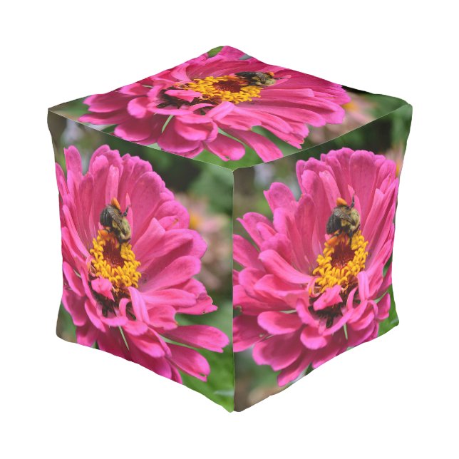 Pink floral pink flower Pink Zinnia Bumble bee Pouf (Angled Front)