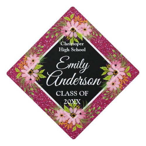 Pink Floral Pink Glitter Name Year School Graduation Cap Topper