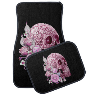 Pink Floral Pink Sugar Skull Day Of The Dead Car Floor Mat