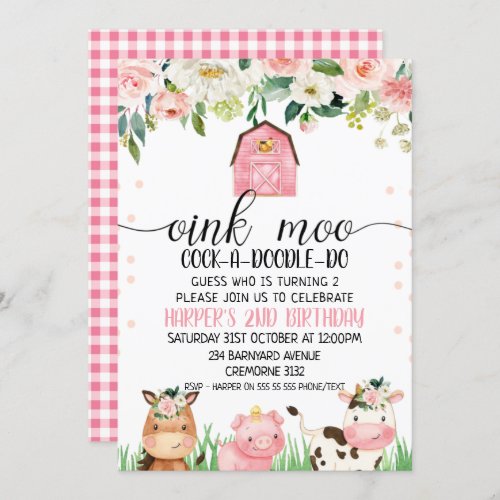 Pink Floral Plaid Farm Animal Birthday Invitation