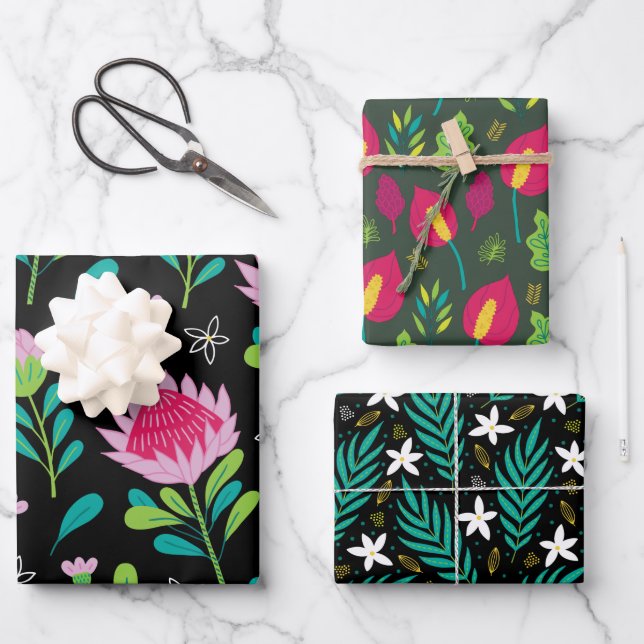 Pink Floral Plant Pattern Wrapping Paper Sheets (Front)