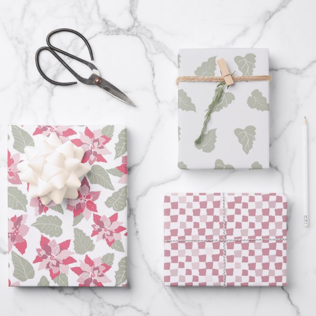 Pink Floral Poinsettias Christmas Wrapping Paper (Front)