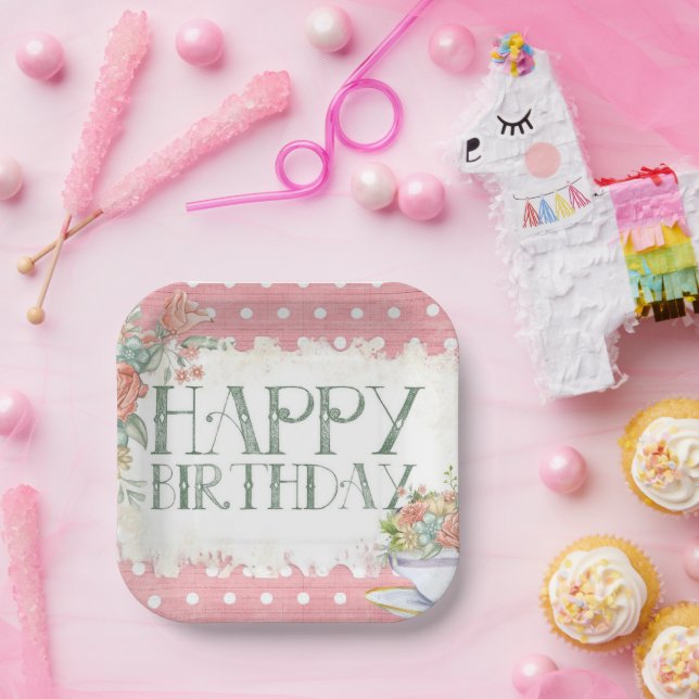 Pink Floral Polka Dot Birthday Square Party Plates (Party)