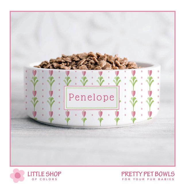 Pink Floral Polka Dot Personalized Pet Bowl (Creator Uploaded)