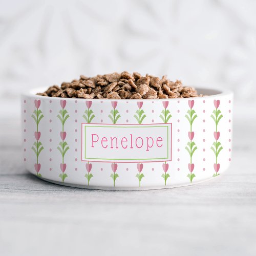 Pink Floral Polka Dot Personalized Pet Bowl