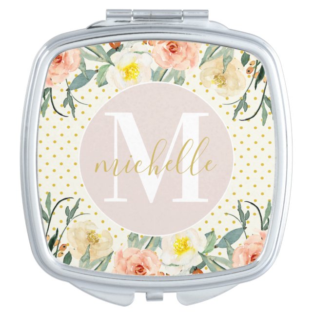 Pink Floral Polka Dots Monogram Compact Mirror (Front)