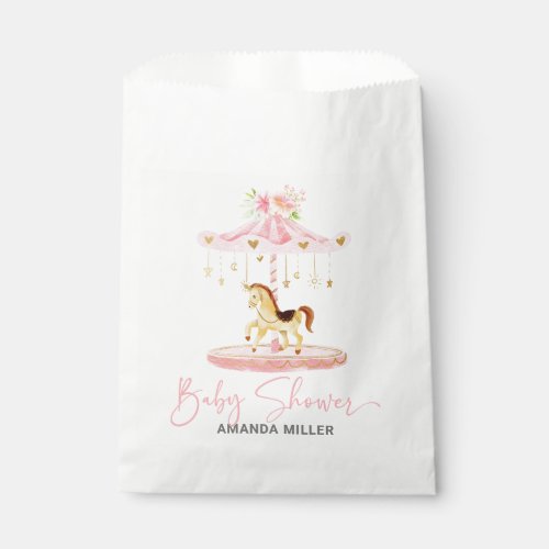 Pink Floral Pony Carousel Baby Shower Typography Favor Bag