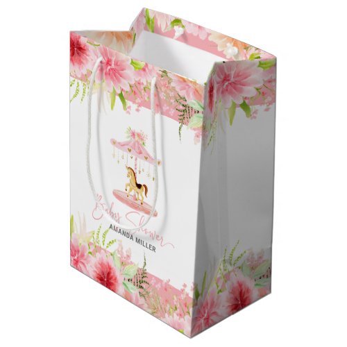 Pink Floral Pony Carousel Bay Shower Typography Medium Gift Bag
