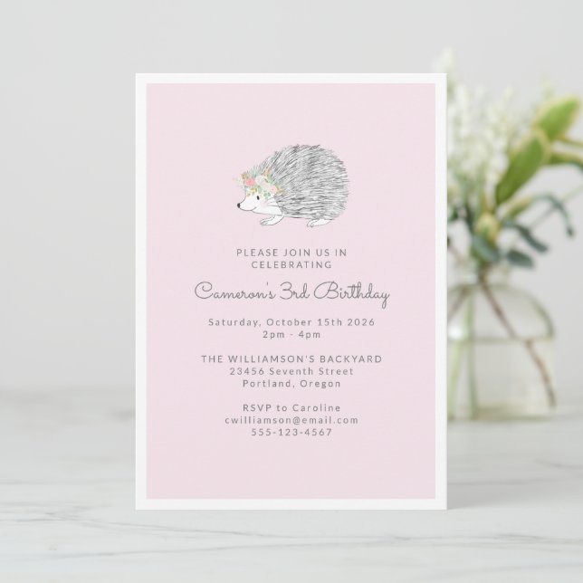 Pink Floral Porcupine Cute 3rd Birthday Party Invitation (Standing Front)
