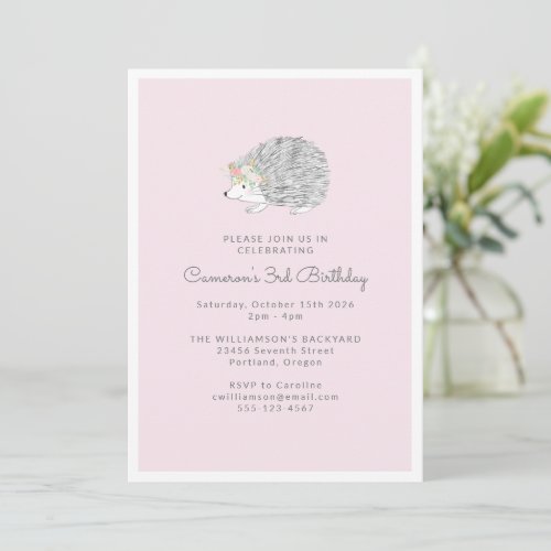 Pink Floral Porcupine Cute 3rd Birthday Party Invitation