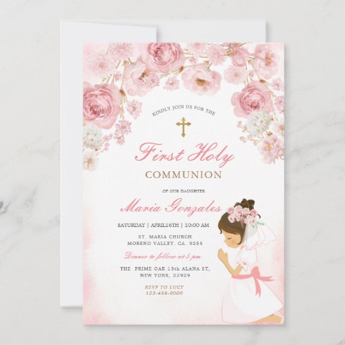 Pink Floral Praying Girl Illustration Gold Cross