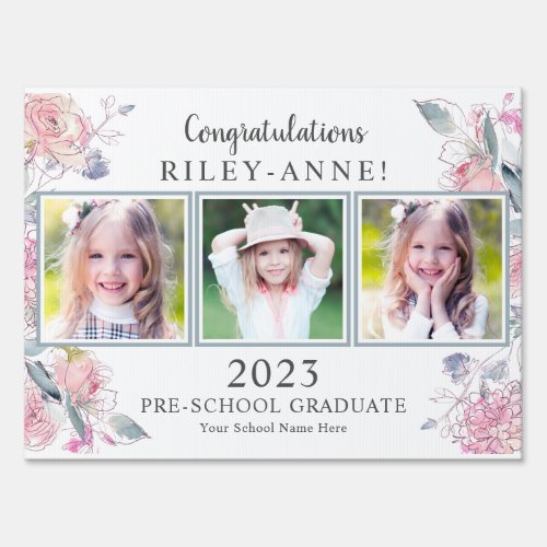 Pink Floral Pre_School Graduation with 3 Photos Sign