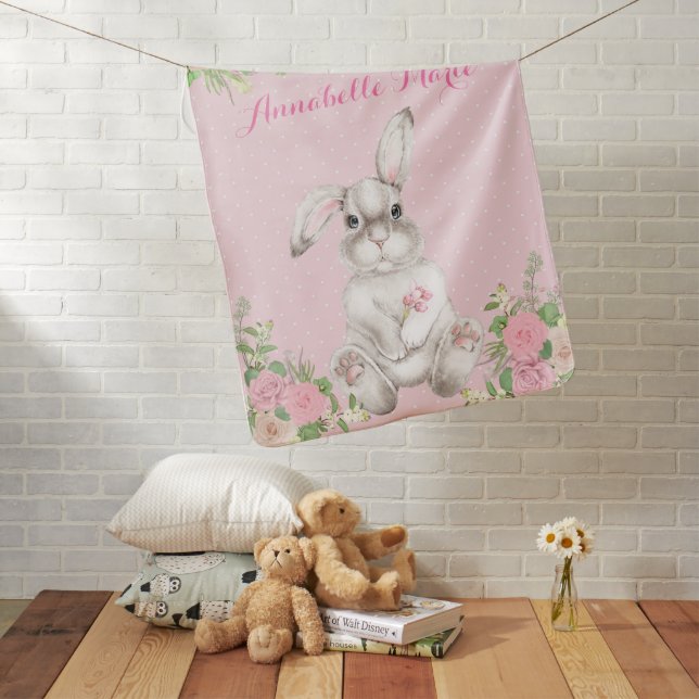 Pink Floral Precious Bunny Rabbit Nursery   Baby Blanket (In Situ)