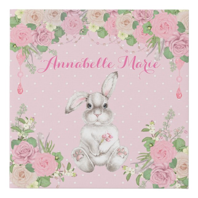 Pink Floral Precious Bunny Rabbit Nursery Faux Canvas Print (Front)