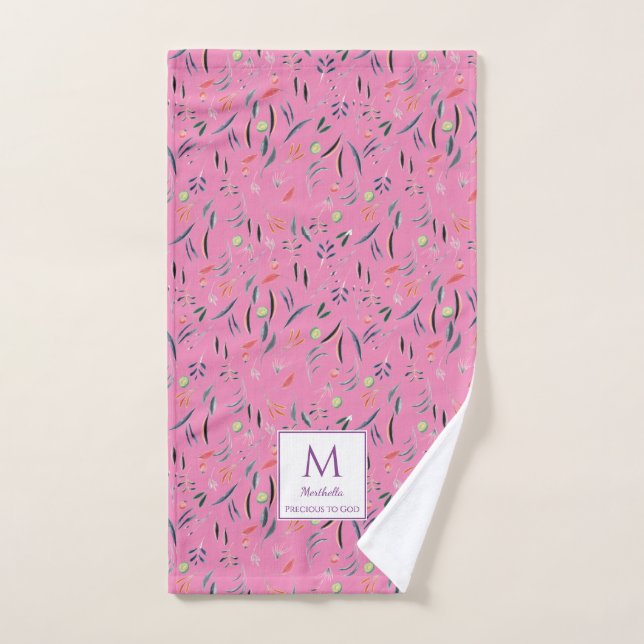 Pink Floral PRECIOUS TO GOD Monogram Hand Towel (Hand Towel)