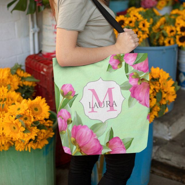 Pink Floral Pretty Monogram Personalized Tote Bag (Creator Uploaded)