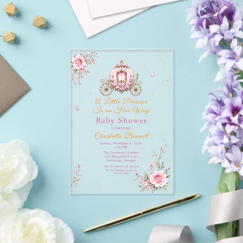 Pink Floral Princess Carriage Baby Girl Shower Acrylic Invitations