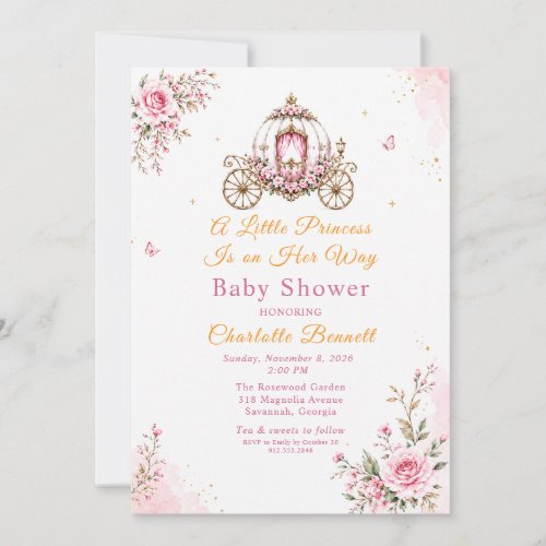 Pink Floral Princess Carriage Baby Girl Shower Invitation