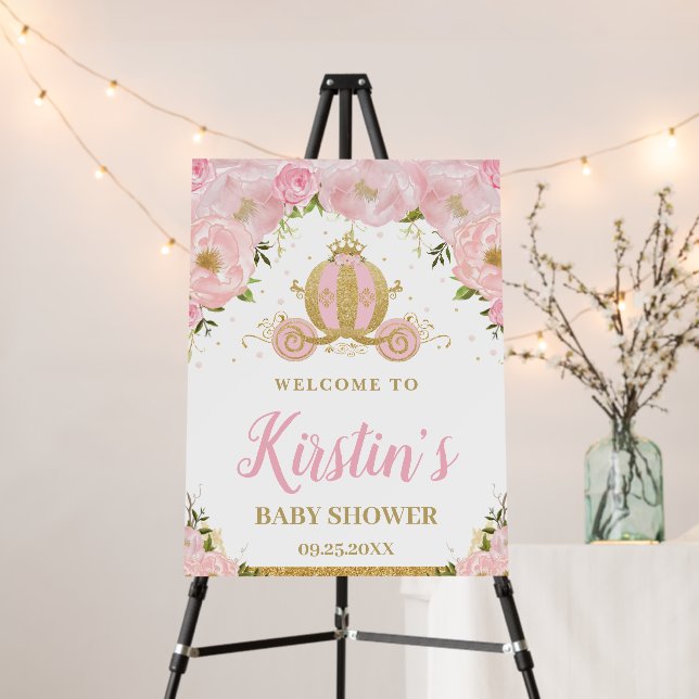 Pink Floral Princess Carriage Baby Shower Welcome Foam Board (In Situ (Stand))