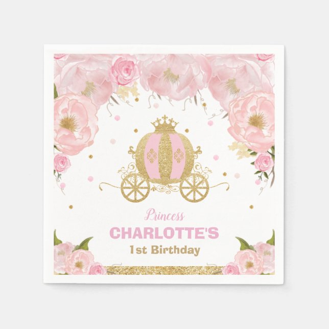 Pink Floral Princess Carriage Birthday Baby Shower Napkins (Front)