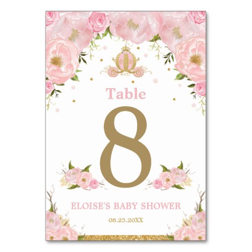 Pink Floral Princess Carriage Girl Baby Shower Table Number