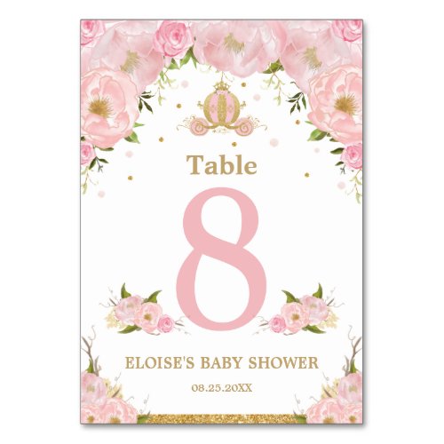 Pink Floral Princess Carriage Girl Baby Shower Table Number