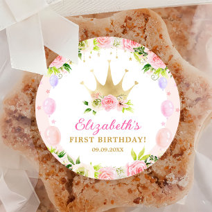 Pink Floral Princess Crown 1st Birthday Classic Round Sticker