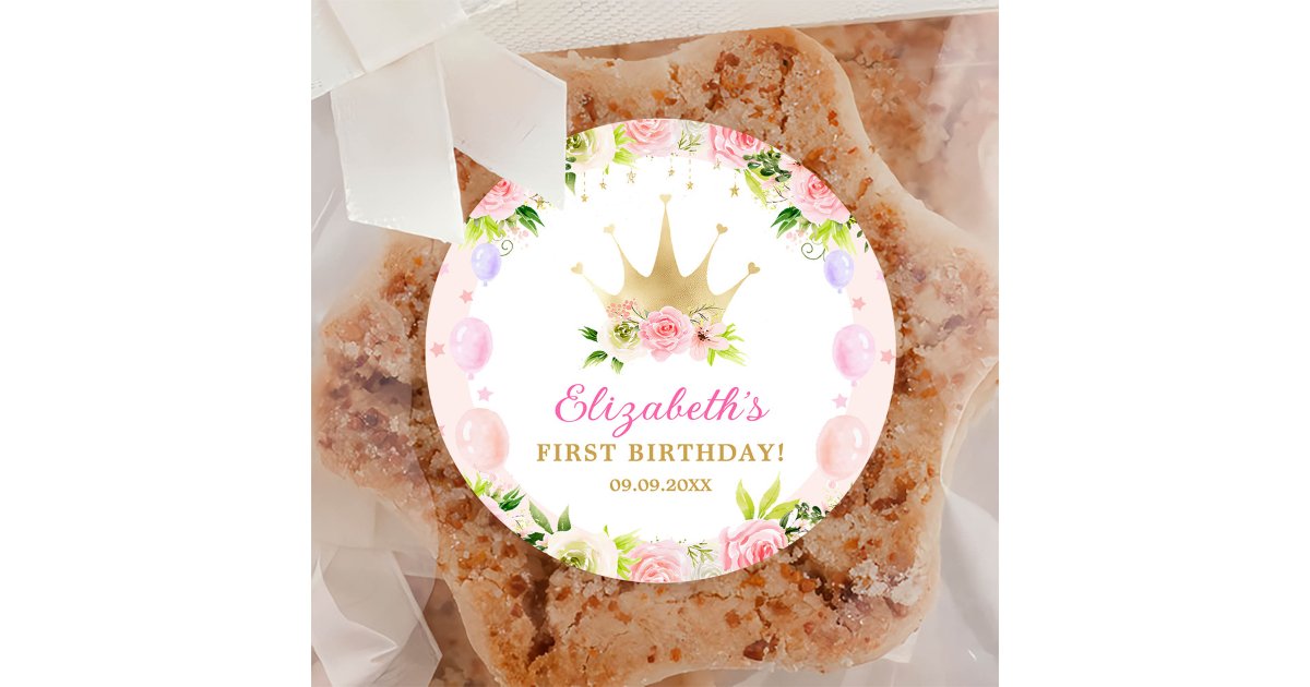 Pink Floral Princess Crown 1st Birthday Classic Round Sticker | Zazzle