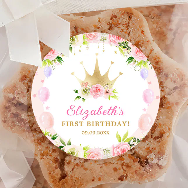 Pink Floral Princess Crown 1st Birthday Classic Round Sticker | Zazzle