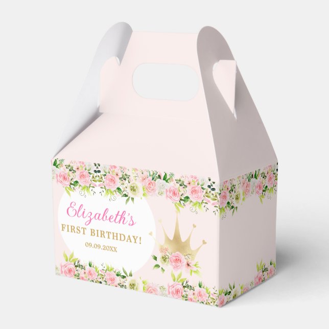 Pink Floral Princess Crown 1st Birthday Favor Boxes (Back Side)