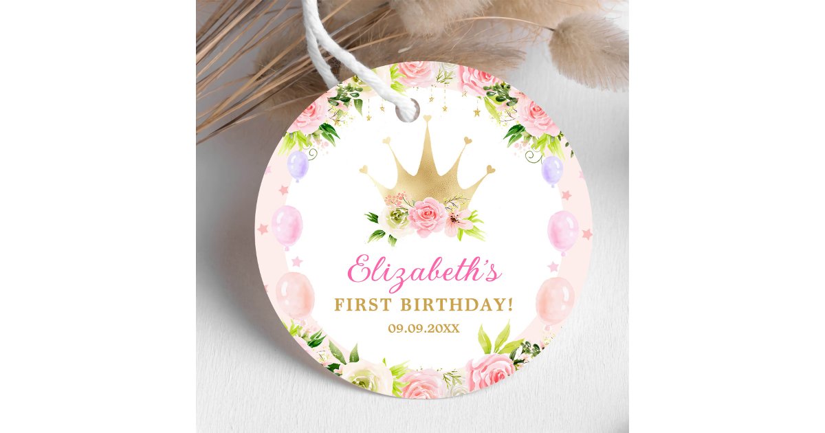 Pink Floral Princess Crown 1st Birthday Favor Tags | Zazzle