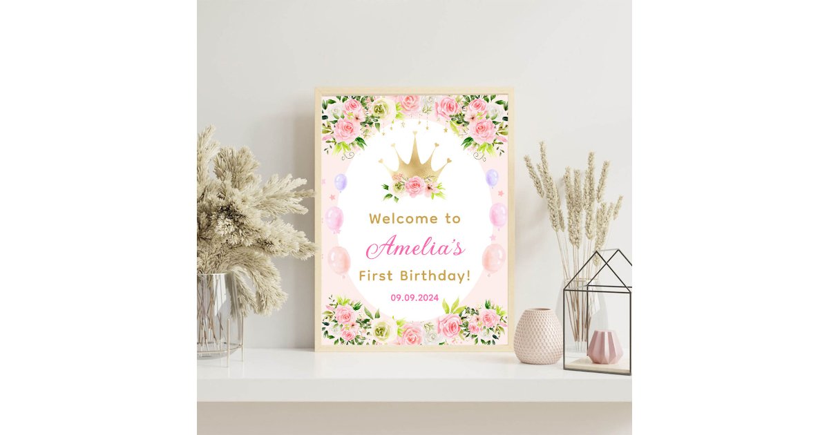 Pink Floral Princess Crown 1st Birthday Foam Board | Zazzle