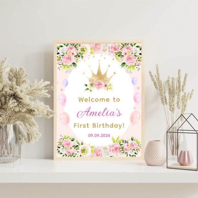 Pink Floral Princess Crown 1st Birthday Foam Board (Creator Uploaded)