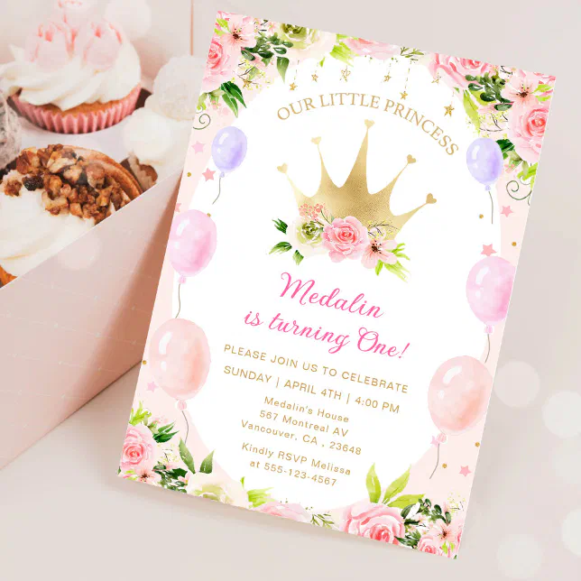 Pink Floral Princess Crown 1st Birthday Invitation | Zazzle