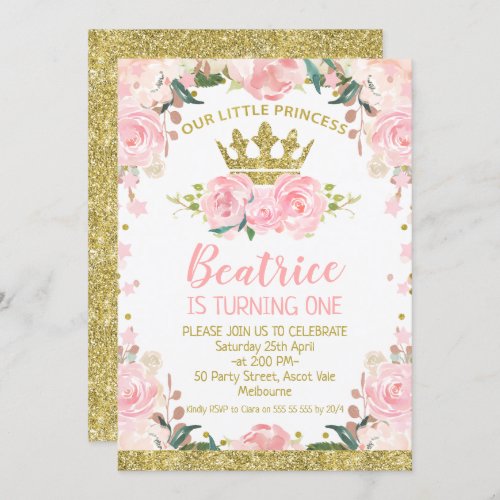 Pink Floral Princess Crown 1st Birthday Invitation