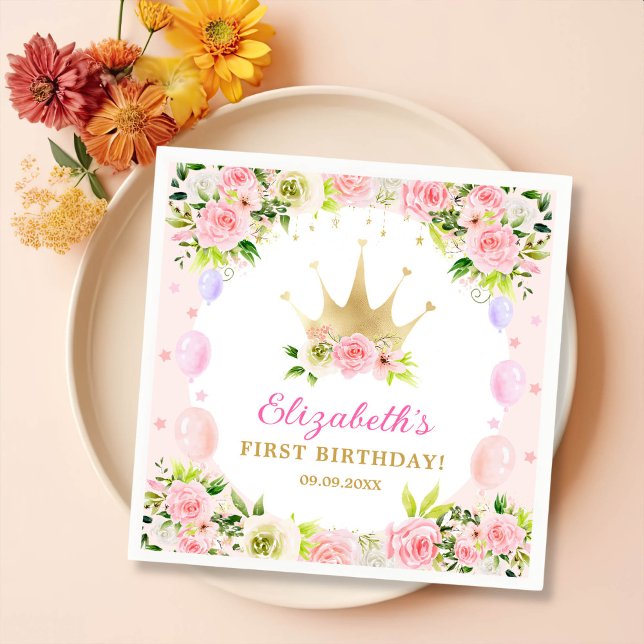 Pink Floral Princess Crown 1st Birthday Napkins (Creator Uploaded)